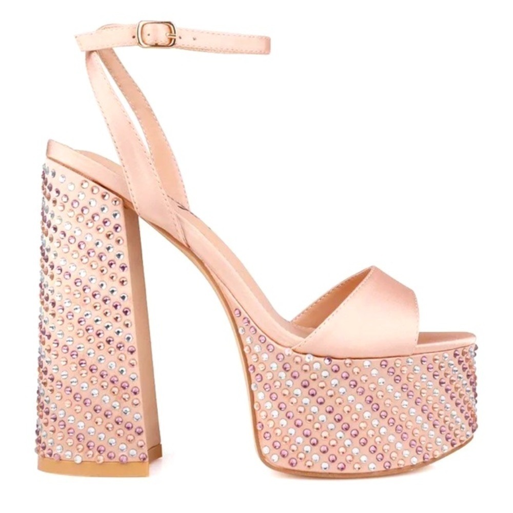 - Nude Rhinestone block junky heels sandal satin bridal promo.
